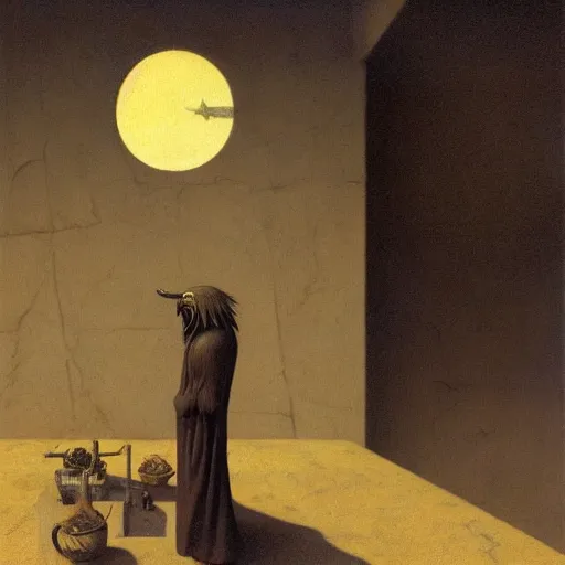 Prompt: Exterior Desert Oasis dessicated physique demonic crow wearing a man costume giorgio de chirico Jan Van eyck bastien lecouffe-deharme odd nerdrum dragan bibin john steuart curry dan witz