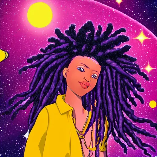 Image similar to black woman with purple dreads in space