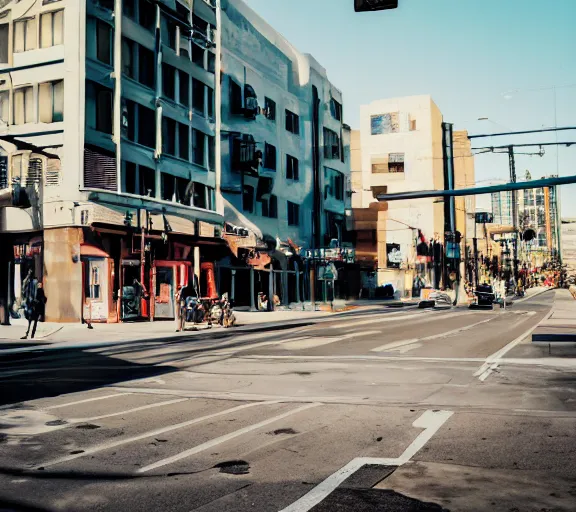 Image similar to photo of an average los angeles street, cinematic color grading, various poses, soft light, faded colors, well framed, sharp focus, 8 k