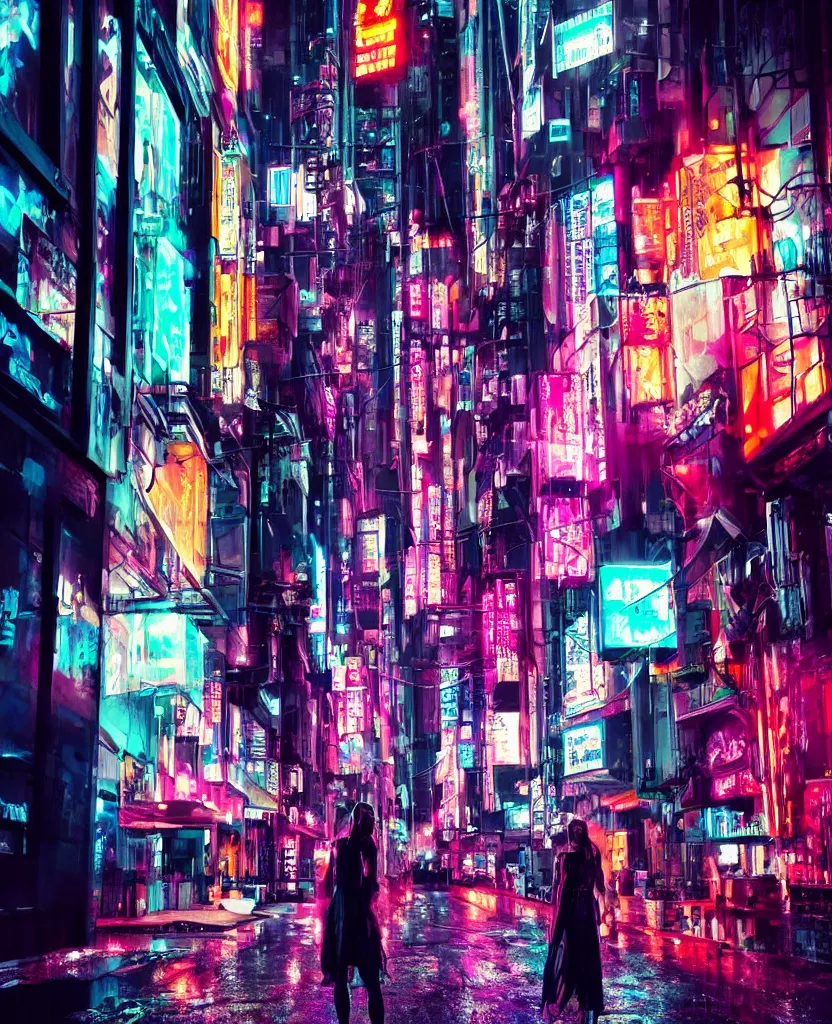 Image similar to cyberpunk city at night, night clubs and neons, rain, camera high, girl under lantern