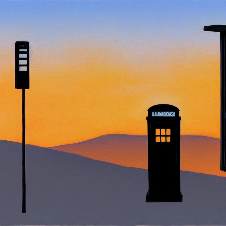 Prompt: phonebooth in a desert, sunset, painted by Edward Hopper, painted by James Gilleard, airbrush