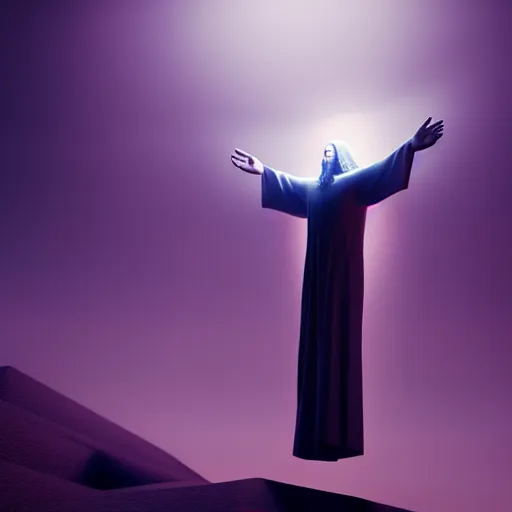 Image similar to the second coming of Jesus Christ, ascending down from heaven, Octane render, artistic, Cinema 4D, dark horror, 8k, hyperrealistic