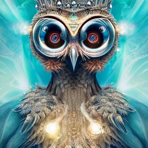 Image similar to detailed portrait of a alien magical owl, wearing a diamond crown, glowing feathers, halfway through, hyper detailed, stylistic, symmetrical, ethereal bohemian, detailed render, hdr, octane render