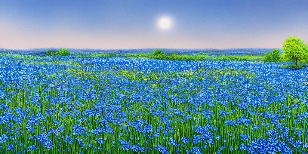 Image similar to field of light blue flowers on a summers day, matte painting