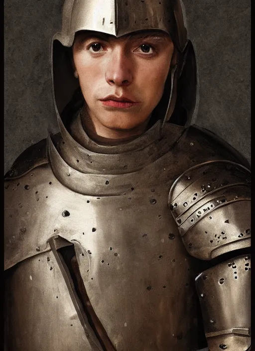 Image similar to oilpainting of an ugly young knight, ugly, hunchback, knight armor, no helmet, stringy hair, blemished face, strong, high resolution, clear image, digital art, studio photo, 4 k, clear lines, artstation, rendition by jan van eyck