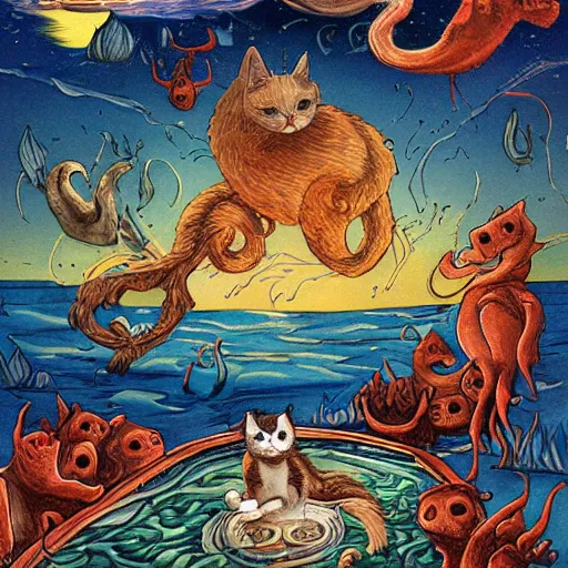 Image similar to cat on boat crossing a body of water in hell with creatures in the water, sea of souls, by studio 4 c