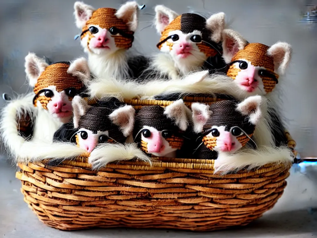 Image similar to a perfect photograph of a basket made of woven kittens, a horrifying concoction of craft, fur, legs and gratuitous nightmares