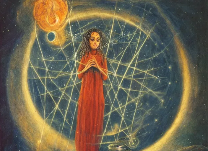 Prompt: a shaman woman spirit holding up the cosmic!! universe, by remedios varo, reflection, symbolist, magic colors, dramatic lighting, smooth, sharp focus, extremely detailed, aesthetically pleasing composition