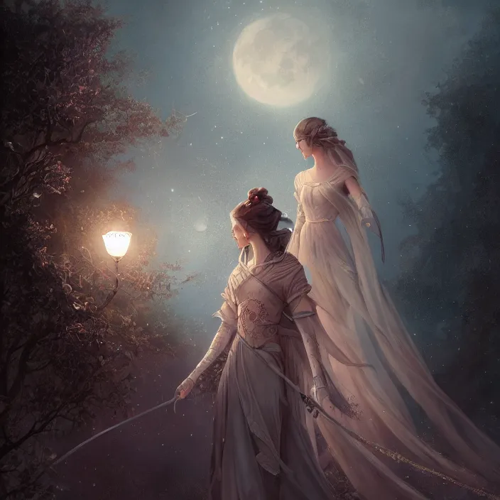 Prompt: a beautiful digital painting of a princess, princess, the moon behind her, intricate, cinematic lighting, highly detailed, digital painting, concept art, smooth, sharp focus, illustration, art by tom bagshaw, artgerm and greg rutkowski