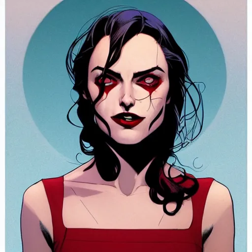 Image similar to Rafeal Albuquerque comic art, Joshua Middleton comic art, American Vampire comic art, pretty Phoebe Tonkin vampire open mouth smile sharp teeth, fully red eyes no pupils, horror, symmetrical face, symmetrical eyes, pretty white dress, short black hair, full body:: snow outside::