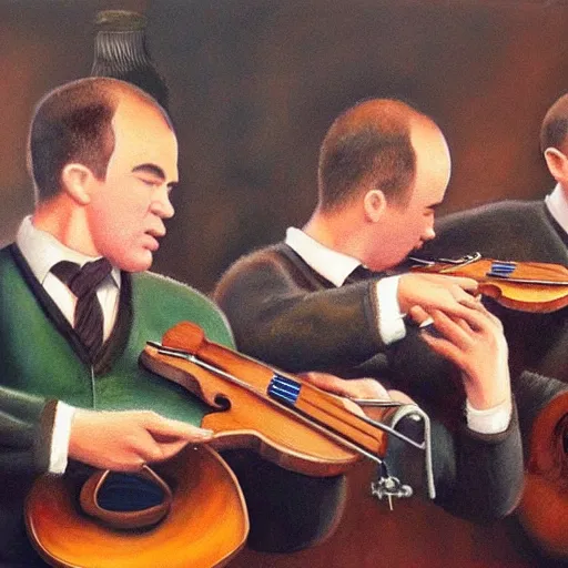 Image similar to detailed realistic oil painting of the clancy brothers performing music in a pub