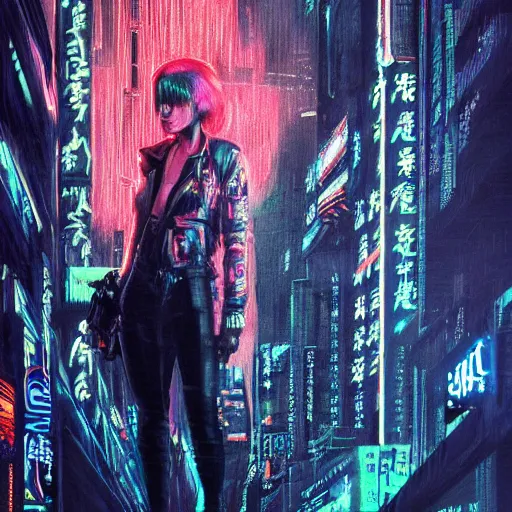 Prompt: detailed film still of portrait neon operator joan jett in the movie blade runner, messy ponytail, cyberpunk futuristic, neon, reflective puffy coat, decorated with traditional japanese by smail inceoglu dragan bibin hans thoma greg rutkowski alexandros pyromallis nekro, illustrated, perfect face, fine details, realistic shaded, fine - face, pretty face