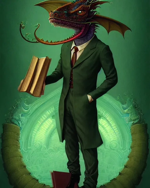 Image similar to anthropomorphic art of a businessman dragon, green dragon, portrait, victorian inspired clothing by artgerm, victo ngai, ryohei hase, artstation. fractal papers and books. highly detailed digital painting, smooth, global illumination, fantasy art by greg rutkowsky, karl spitzweg