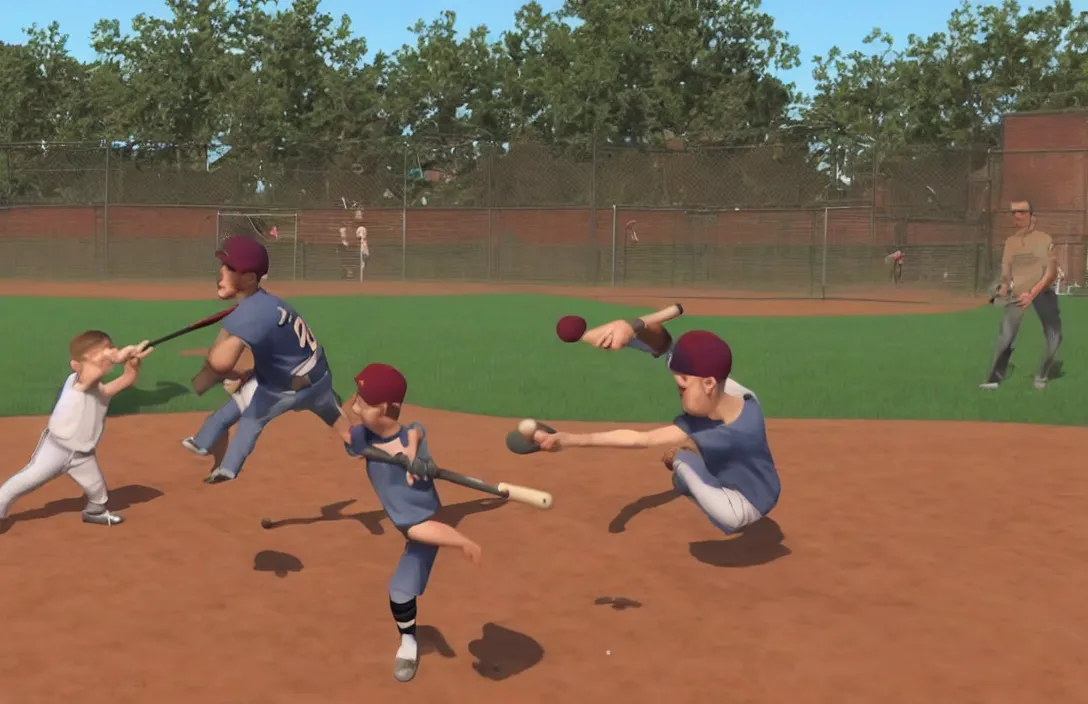 Image similar to jerma hitting a child with a baseball bat in a baseball field