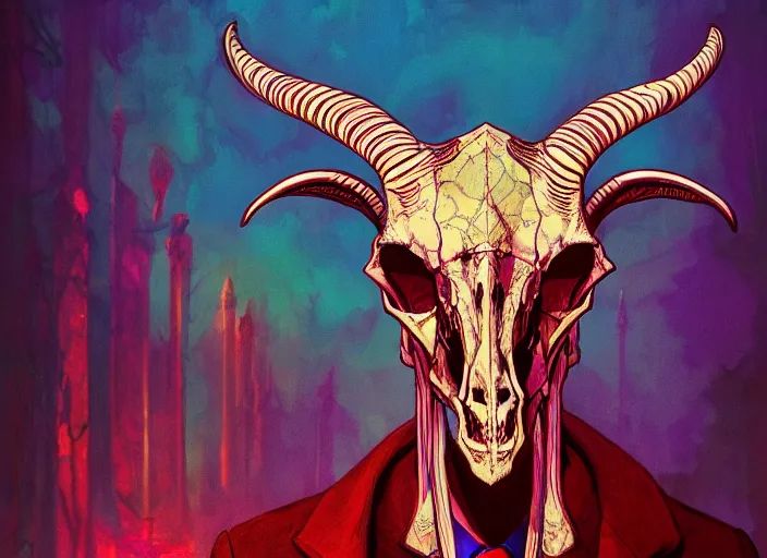 Prompt: a psychedelic portrait of omin dran skeletal goat skull politician, vibrant color scheme, highly detailed, in the style of romanticism, cinematic, artstation, moebius, greg rutkowski