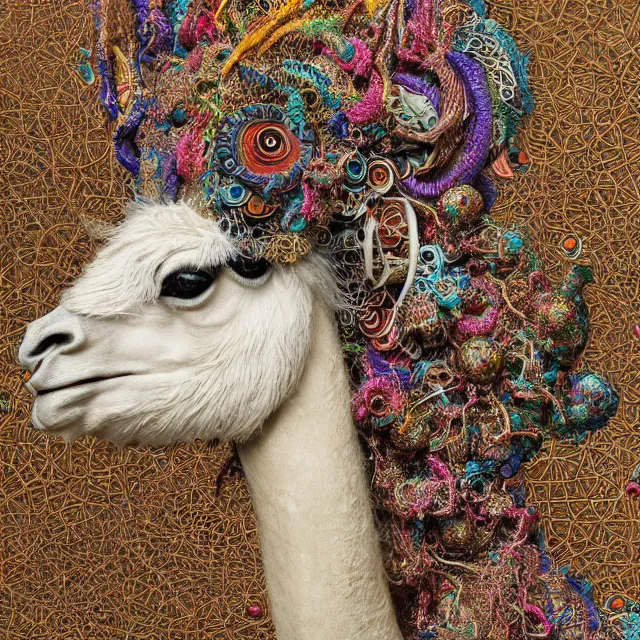 Image similar to llama with dreadlocks, detailed, by ernst haeckel, james jean, el anatsui, mandy jurgens