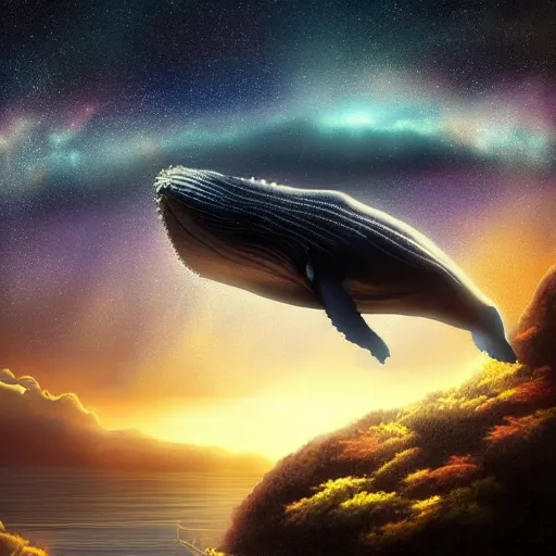 Image similar to a beautiful scenary of a fantasy world of a giant humpback whale on the sky with the background of a milky way, artstationHD, digital painting, hyper detail, elegant, cinematic, epic lighting, very very very very beautiful scenery