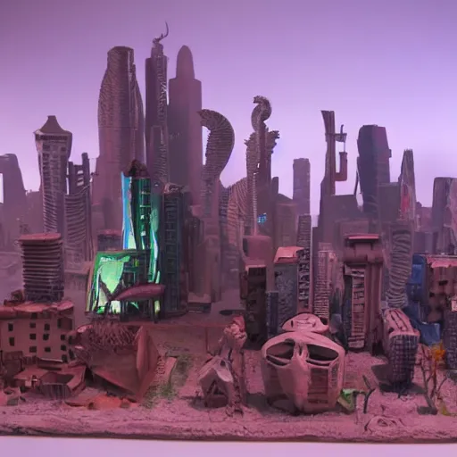 Prompt: cyberpunk wild west city sculpted in the style of george tsougkouzidis, clay, sculpture, portrait lighting