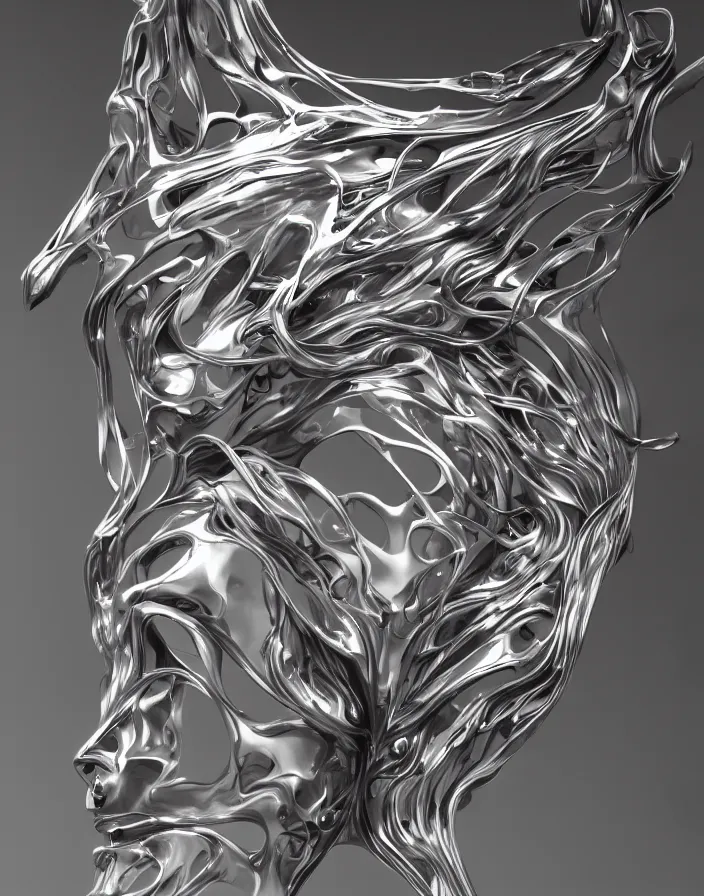 Prompt: hard surface modeling, polycount, made of liquid metal, a computer rendering by zaha hadid, airbrush art, kinetic art, a set of metal fire sculptures on woman face