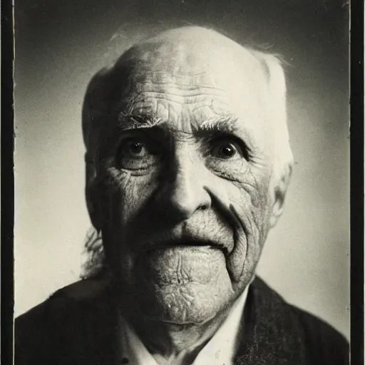 Image similar to a portrait photo of a old man with a pickle nose