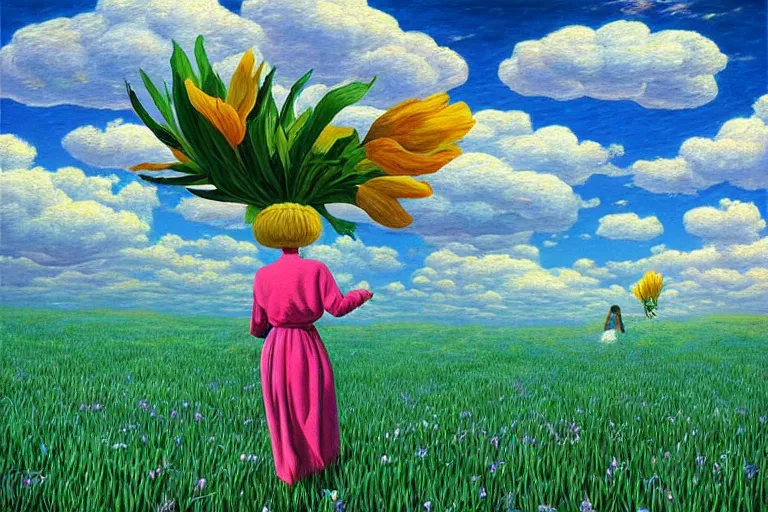 Prompt: gigantic flower head, woman walking, surreal, clouds in sky, impressionist painting, digital painting, artstation, rob gonsalves