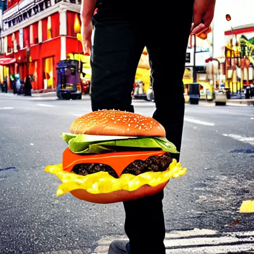 Image similar to a cheeseburger crossing the street