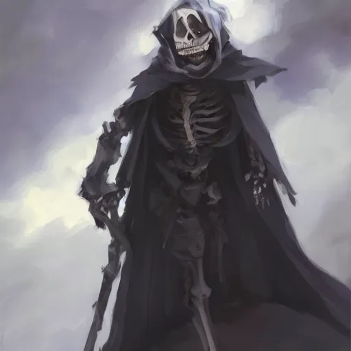 Prompt: a skeleton in black cloak by Krenz Cushart