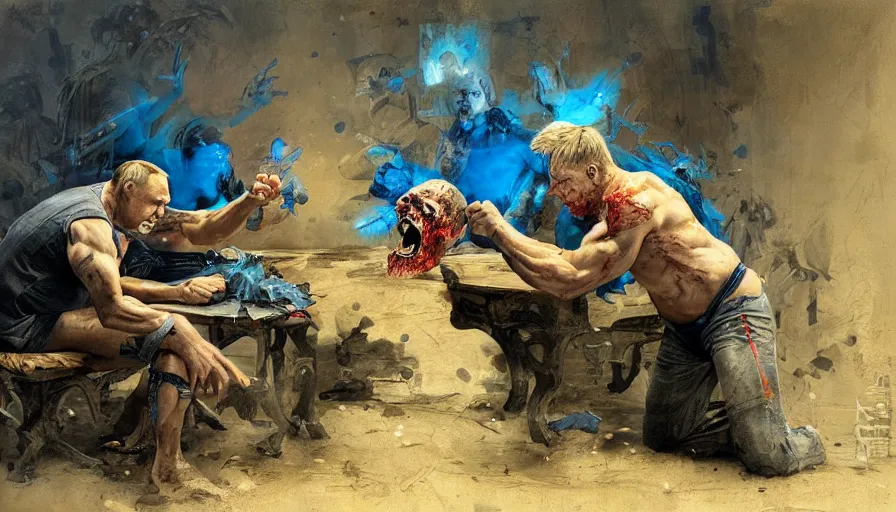 Image similar to arm wrestling between putin and his mind, hyperrealistic, digital concept art, caricature illustration, comics, bloody, violent. horror. art by gaston bussiere and greg rutkowski in yelow and blue color