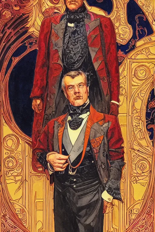 Prompt: zoomed out portrait of a duke, victorian era, art deco style, stylized illustration by moebius and juan gimenez, watercolor gouache detailed paintings in style of syd mead, ridley scott, metabaron, mucha, ghibli studio and disney vibe, vivid colorful comics style, clean line, diesel punk, artstation