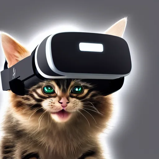 Image similar to crypto trading lyoki kitten from the future, wearing a cool vr headset 8 k hyperrealistic, trending on artstation