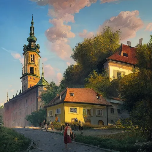 Image similar to a beautiful painting of banska stiavnica in summer with old houses and trees in sunset, sky, people walking on street, unreal engine, by greg rutkowski and james gurney, artstation