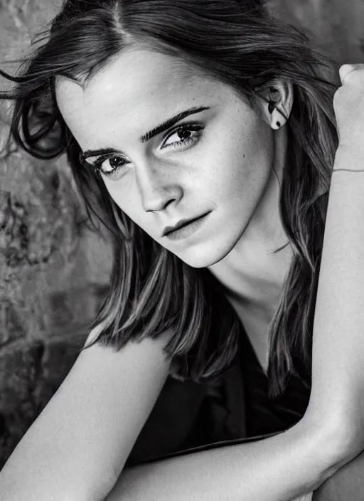 Prompt: Emma Watson for Victorian Secret, sitting on the corner, perfect symmetrical face, full length shot, extremely detailed, XF IQ4, 50MP, 50mm, f/1.4, ISO 200, 1/160s, natural light, Adobe Lightroom, rule of thirds, symmetrical balance, depth layering, polarizing filter, Sense of Depth