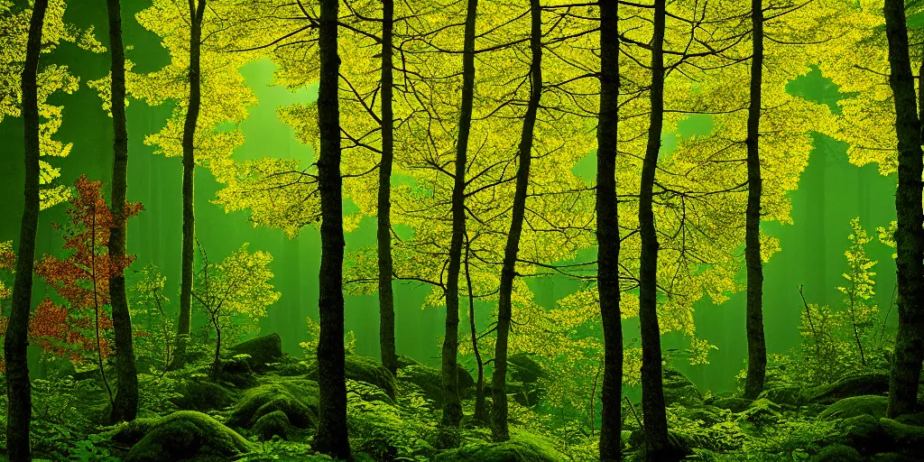 Prompt: limpid shot lush north european mountainous broadleaf deciduous forest, against light, glare, bright details, vibrant foliage, contrasting, daylight, highly detailed, by dieter rams 1 9 9 0, national geographic magazine, reportage photo, natural colors