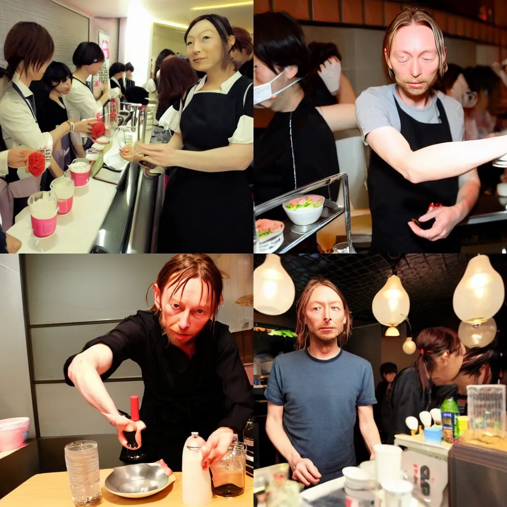 Prompt: Thom Yorke serving drinks at a maid cafe in tokyo