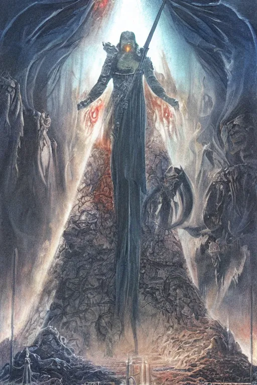 Prompt: Artwork by Don Maitz of the cinematic view of the Cenotaph of Ever-changing Blasphemy.