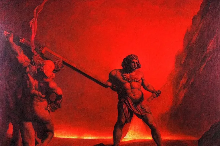 Prompt: only with red, a red melted apollo with a laurel wreath and a flaming sword announce the win, athens in the background, pathos, in the style of beksinski, part by hopper, part by rodcenko, part by hofbauer, intricate composition, red by caravaggio, insanely quality, highly detailed, masterpiece, red light, artstation, 4 k
