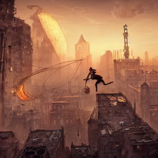 Image similar to Thief running and jumping on the rooftops of a bustling steampunk city in the desert with a towering building made of scraps seen in the distance, digital painting, highly detailed, dynamic, concept art, game art, artstation
