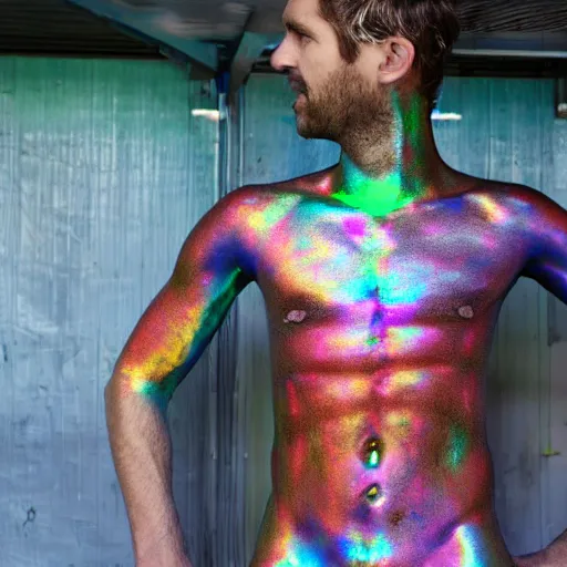 Image similar to a human standing in his garage, he is covered with iridescent bodypaint, his hair has shells and barnacles