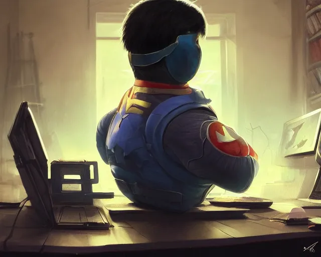 Image similar to an insanely detailed painting of a slightly chubby, nerdy asian man wearing a superhero costume and mask, sitting at a desk, staring at the nervously at the computer and typing, in the style of peter mohrbacher, dramatic lighting and composition, octane render, trending on artstation, concept art, comic book, view from behind