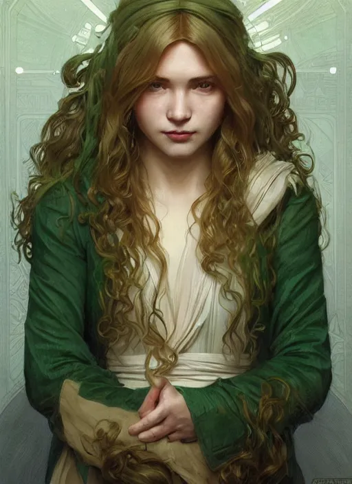 Prompt: a young april with a mischievous face and extremely long blonde wavy hair dressed in a green pale mechanic suit, she is a jedi, intricate detailed face, artgerm, greg rutkowski, alphonse mucha