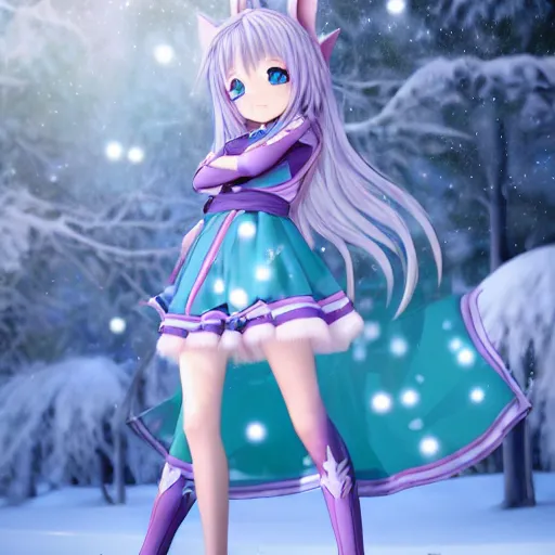 Image similar to Render of a very beautiful 3d anime girl, elf girl, full body, long silver hair purple tips, azure blue eyes, full round face, short smile, cute bunny dress, in snow, medium shot, mid-shot, highly detailed, trending on Artstation, Unreal Engine 4k