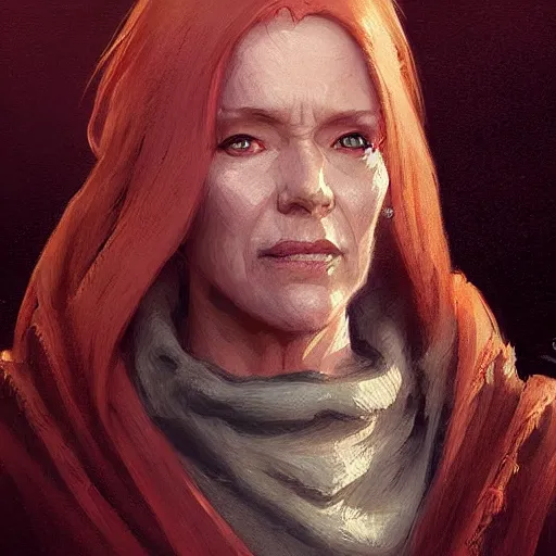 Prompt: portrait of a woman by Greg Rutkowski, old jedi master Mara Jade from Star Wars Expanded Universe, she is about 60 years old, highly detailed portrait, digital painting, artstation, concept art, smooth, sharp foccus ilustration, Artstation HQ