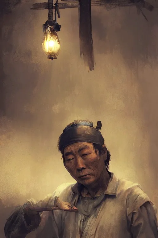 Image similar to Japanese blacksmith, portrait, poor, intricate, elegant, volumetric lighting, scenery, digital painting, highly detailed, artstation, sharp focus, illustration, concept art,ruan jia, steve mccurry