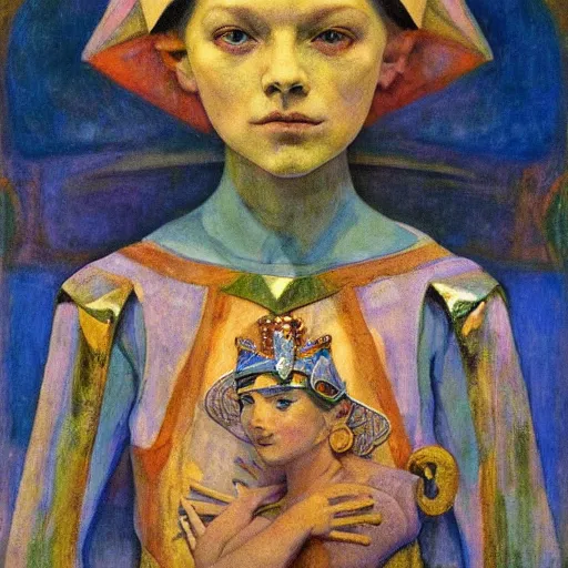 Image similar to the little robot queen in her regalia, by annie swynnerton and alayna danner and diego rivera and nicholas roerich, symbolist, dramatic lighting, elaborate geometric ornament, smooth, sharp focus, extremely detailed, adolf wolfli, soft pastel colors