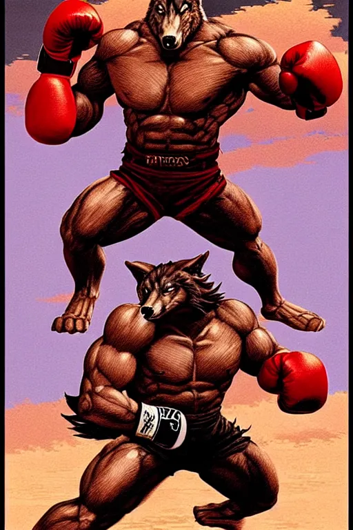 Prompt: extreme long shot. 8 bit nes graphics. antropomorphic muscular masculine wolf. kickboxer fighter, in shorts. wolf head. fine details, very sharp, art from nes game cartridge, marc simonetti and hermann nitsch