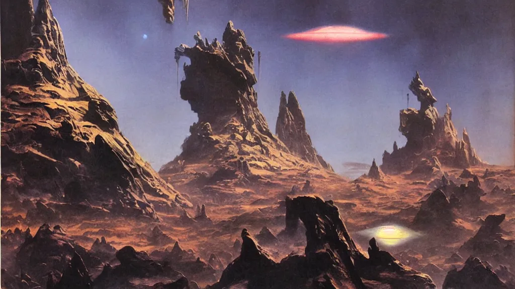 Image similar to eerie alien planet empire by frank frazetta and bruce pennington, cinematic matte painting