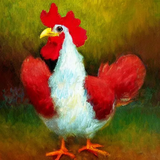 Image similar to a high quality photo of a chicken wearing a suit, Impressionism, 8k