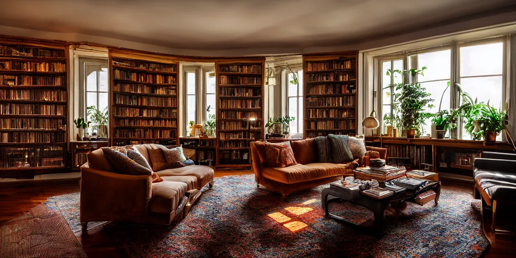 Prompt: insanely detailed wide angle photograph, atmospheric, light bloom, lens flares, reflections, award winning contemporary, interior design living room, dusk, cozy and calm, fabrics and textiles, colorful accents, brass, copper, secluded, many light sources, lamps, oiled hardwood floors, book shelf, library, couch, desk, balcony door, plants