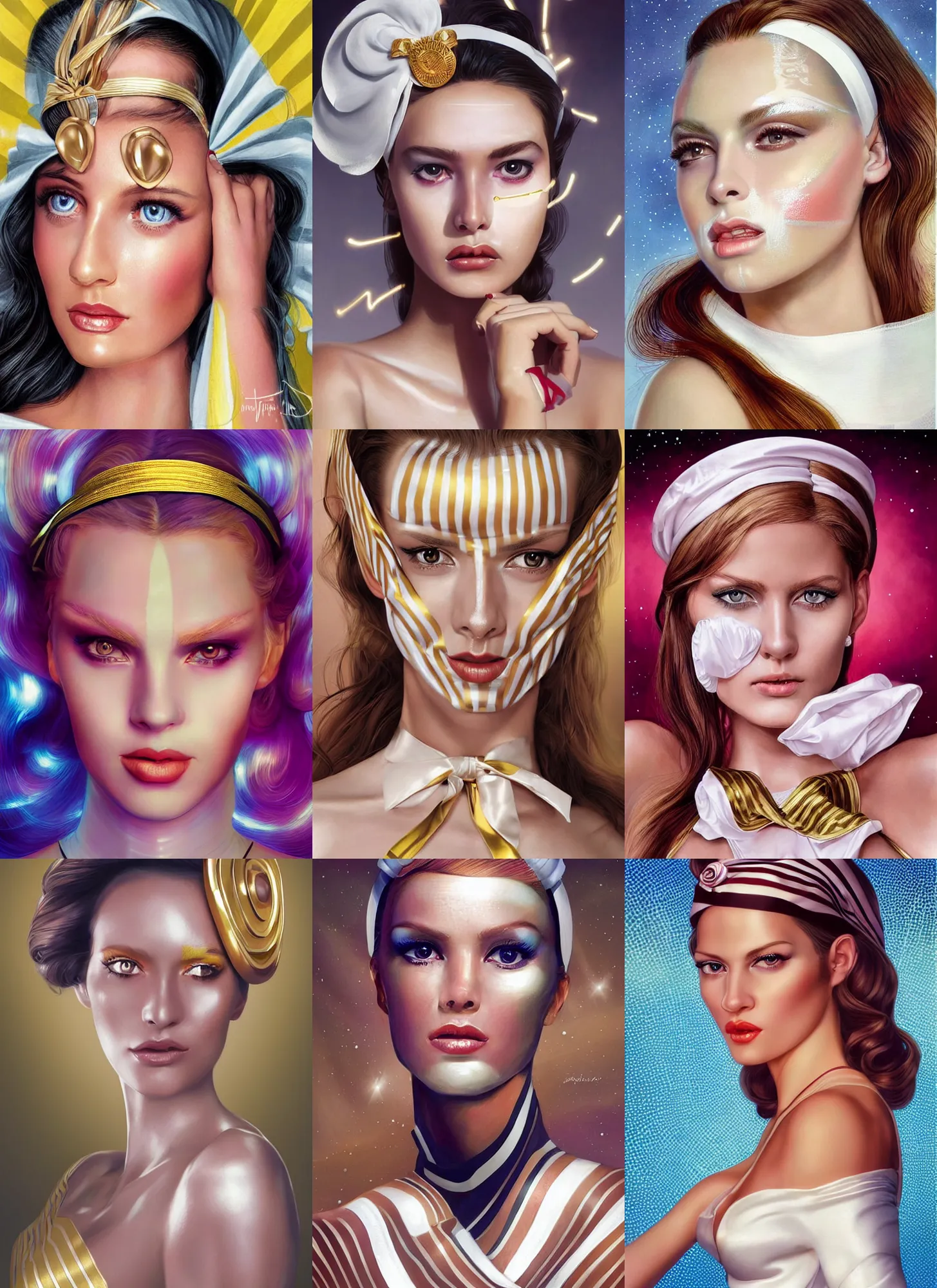 Prompt: stunning android woman facial portrait dressed in an white silk outfit with golden stripes, eighties look, headband, seducing expression, smiling, cute nose, retro, beautiful lights, vintage look, hyper realistic, illustration, airbrush, 8 k, intricate, duo tone, art by david la chapelle and philip castle, artgerm