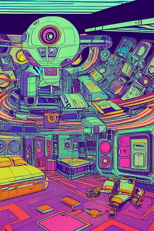 Prompt: a comic panel drawing of a room with a bed in an 8 0 s art deco international space station, robots, led screens, droids, a detailed painting by lisa frank, james jean, kilian eng, moebius, featured on deviantart, psychedelic art, psychedelic, dmt